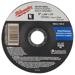 Milwaukee® 49-94-5005 Type 27 Reinforced Cut-Off Wheel, 5 in Dia x 0.045 in THK, 7/8 in Center Hole, 60 Grit, Aluminum Oxide Abrasive