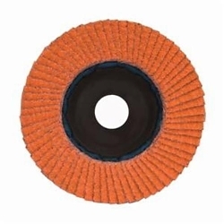 Norton® Blaze® 66254400256 R980P Center Mount Quick-Trim Standard Density Coated Abrasive Flap Disc, 4-1/2 in Dia, 7/8 in Center Hole, 120 Grit, Medium Grade, Ceramic Alumina Abrasive, Type 27 Flat Disc