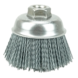 Nylox® 14413 Cup Brush, 3-1/2 in Dia Brush, 5/8-11 UNC Arbor Hole, 0.035 in Dia Filament/Wire, Crimped, Silicon Carbide Fill
