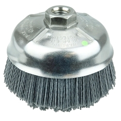 Nylox® 14576 Cup Brush, 5 in Dia Brush, 5/8-11 UNC Arbor Hole, 0.04 in Dia Filament/Wire, Crimped, Silicon Carbide Fill