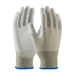 PIP® 40-6415/L 40-6145 Antistatic Gloves, Seamless Style, 15 ga Nylon/Copper Fiber Yarn, Copper/White, Knit Wrist Cuff, Polyurethane with Smooth Grip Coating, 9.7 in L, Resists: Abrasion, Cut, Puncture and Tear, EN 388 4131, CE Certified
