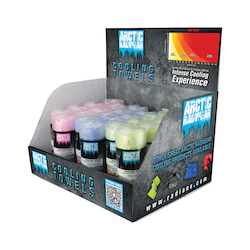 RADWEAR™ RCS-WCD4 Mixed Cooling Towel Counter Display, 26 x 8-1/4 in, Blue/Lime/Pink