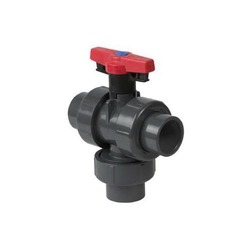 Spears® 4734T1-007 True Union 2000 3-Way Vertical Ball Valve With Handle, 25 mm, DIN Socket, PVC Body, T-Full Port, FKM/PVC Softgoods, Domestic