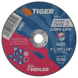 Tiger® 57001 Performance Cut-Off Wheel, 3 in Dia x 0.035 in THK, 3/8 in Center Hole, 60 Grit, Aluminum Oxide Abrasive
