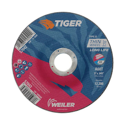 Tiger® 57043 Performance Cutting Wheel, 5 in Dia x 0.045 in THK, 7/8 in Center Hole, 60 Grit, Aluminum Oxide Abrasive