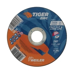 Tiger® 58020 High Performance Cutting Wheel, 4-1/2 in Dia x 0.045 in THK, 7/8 in Center Hole, 60 Grit, Zirconia Alumina Abrasive