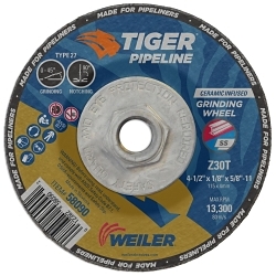 Tiger Pipeline 58090 Maximum Performance Grinding Wheel, 4-1/2 in Dia 1/8 in THK, 5/8-11 UNC Center Hole, 30 Grit, Ceramic/Zirconia Alumina Abrasive
