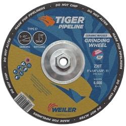 Tiger Pipeline 58095 Maximum Performance Grinding Wheel, 9 in Dia 1/8 in THK, 5/8-11 UNC Center Hole, 30 Grit, Ceramic/Zirconia Alumina Abrasive
