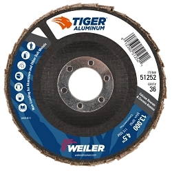 Tiger® Aluminum 51252 Coated High Performance Non-Loading Abrasive Flap Disc, 4-1/2 in Dia Disc, 7/8 in Center Hole, 36 Grit, Extra Coarse Grade, Zirconia Alumina Abrasive, Type 27/Flat Disc