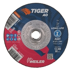 Tiger® AO 57040 Long Life Performance Line Thin Depressed Center Cutting Wheel, 4-1/2 in Dia 0.045 in THK, 60 Grit, Premium Aluminum Oxide Abrasive