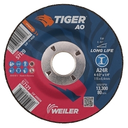 Tiger® AO 57121 Performance Line Depressed Center Grinding Wheel, 4-1/2 in Dia 1/4 in THK, 7/8 in Center Hole, 24 Grit, Premium Aluminum Oxide Abrasive