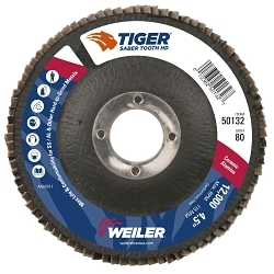 Tiger® Ceramic 50132 High Density Premium Coated Abrasive Flap Disc, 4-1/2 in Dia Disc, 7/8 in Center Hole, 80 Grit, Medium Grade, Ceramic Alumina Abrasive, Type 27 Flat Disc