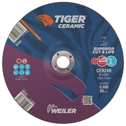 Tiger® Ceramic 58333 Performance Line Superior Life and Cut Depressed Center Grinding Wheel, 9 in Dia 1/4 in THK, 7/8 in Center Hole, 24 Grit, Ceramic Alumina Abrasive