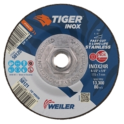 Tiger® Inox 58120 Contaminant-Free Performance Line Depressed Center Grinding Wheel, 4-1/2 in Dia 1/4 in THK, 24 Grit, White Aluminum Oxide Abrasive