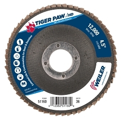 Tiger Paw™ 51160 Super High Density High Performance Coated Abrasive Flap Disc, 4-1/2 in Dia Disc, 7/8 in Center Hole, 36 Grit, Very Coarse Grade, Zirconia Alumina Abrasive, Type 27 Flat Disc