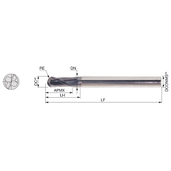 Tungaloy America 5650007 TEB-A2 (long with neck) Ball Nose End Mill, 6 mm Dia Cutter, 12 mm Length of Cut, (2) Flutes, 6 mm Dia Shank, 80 mm OAL, TiAlN