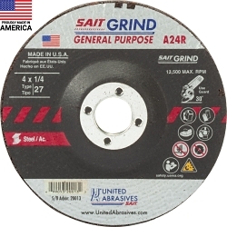 United Abrasives-SAIT 20013 General Purpose Depressed Center Wheel, 4 in Dia x 1/4 in THK, 5/8 in Center Hole, 24 Grit, Aluminum Oxide Abrasive