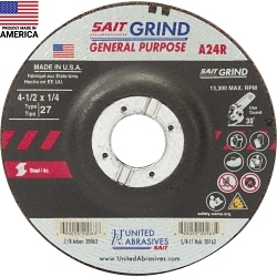United Abrasives-SAIT 20063 General Purpose Depressed Center Wheel, 4-1/2 in Dia x 1/4 in THK, 7/8 in Center Hole, 24 Grit, Aluminum Oxide Abrasive