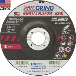 United Abrasives-SAIT 20073 General Purpose Depressed Center Wheel, 5 in Dia x 1/4 in THK, 7/8 in Center Hole, 24 Grit, Aluminum Oxide Abrasive