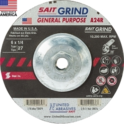 United Abrasives-SAIT 20076 General Purpose Depressed Center Wheel, 6 in Dia x 1/4 in THK, 24 Grit, Aluminum Oxide Abrasive