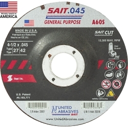 United Abrasives-SAIT 22021 General Purpose Depressed Center Wheel, 4-1/2 in Dia x 0.045 in THK, 7/8 in Center Hole, 60 Grit, Aluminum Oxide Abrasive