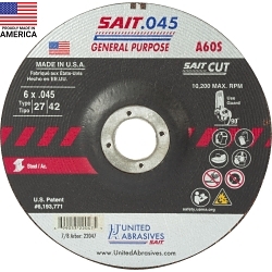 United Abrasives-SAIT 22047 General Purpose Depressed Center Wheel, 6 in Dia x 0.045 in THK, 7/8 in Center Hole, 60 Grit, Aluminum Oxide Abrasive