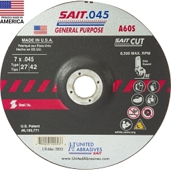 United Abrasives-SAIT 22053 General Purpose Depressed Center Wheel, 7 in Dia x 0.045 in THK, 7/8 in Center Hole, 60 Grit, Aluminum Oxide Abrasive