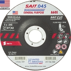 United Abrasives-SAIT 22071 General Purpose Depressed Center Wheel, 5 in Dia x 0.045 in THK, 7/8 in Center Hole, 60 Grit, Aluminum Oxide Abrasive