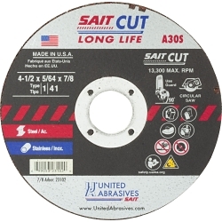 United Abrasives-SAIT 23102 Type 1 Burr Free Portable Saw Cut-Off Wheel, 4-1/2 in Dia x 5/64 in THK, 7/8 in Center Hole, A30S Grit, Aluminum Oxide Abrasive