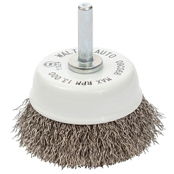 ALLSTEEL™ 09C068 Mounted Cup Brush, 2-3/8 in Dia Brush, 0.0118 in Dia Filament/Wire, Crimped, Stainless Steel Fill