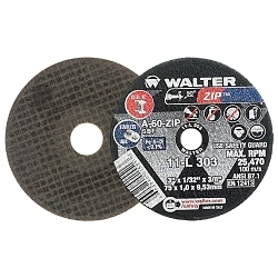 Walter Surface Technologies Zip™ 11L303 Zip™ Type 1 Cut-Off Wheel, 3 in Dia x 1/32 in THK, 3/8 in Center Hole, A-60-ZIP Grit, Aluminum Oxide Abrasive