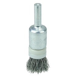 Weiler® 11110 Stem Mount Banded End Brush, 1/2 in Dia Brush, Crimped, 0.006 in Dia Filament/Wire, Stainless Steel Fill, 9/16 in L Trim
