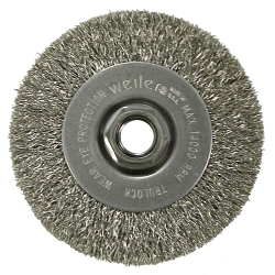 Weiler® 13081 Narrow Face Wheel Brush With Nut, 4 in Dia Brush, 1/2 in W Face, 0.014 in Dia Crimped Filament/Wire, 5/8-11 Arbor Hole