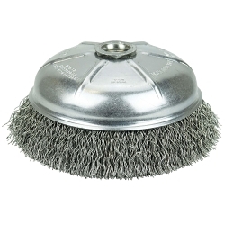 Weiler® 14076 Internal Nut Cup Brush, 6 in Dia Brush, 5/8-11 Arbor Hole, 0.02 in Dia Filament/Wire, Crimped, Steel Fill