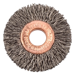 Weiler® 15762 Small Diameter Wheel Brush, 1-1/2 in Dia Brush, 1/4 in W Face, 0.014 in Dia Crimped Filament/Wire, 3/8 in Arbor Hole