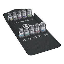 Wera® 05004203001 8790 C HF 1 Socket Set With Holding Function, 1/2 in Drive, 10 Pieces, Hex, Included Socket Size: 10 x 37 mm, 11 x 37 mm, 12 x 37 mm, 13 x 37 mm, 14 x 37 mm, 15 x 37 mm, 16 x 37 mm, 17 x 37 mm, 18 x 37 mm and 19 x 37 mm