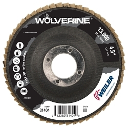 Wolverine™ 31404 Fast Cut Coated Abrasive Flap Disc, 4-1/2 in Dia Disc, 7/8 in Center Hole, 80 Grit, Medium Grade, Zirconia Alumina Abrasive, Type 27 Flat Disc