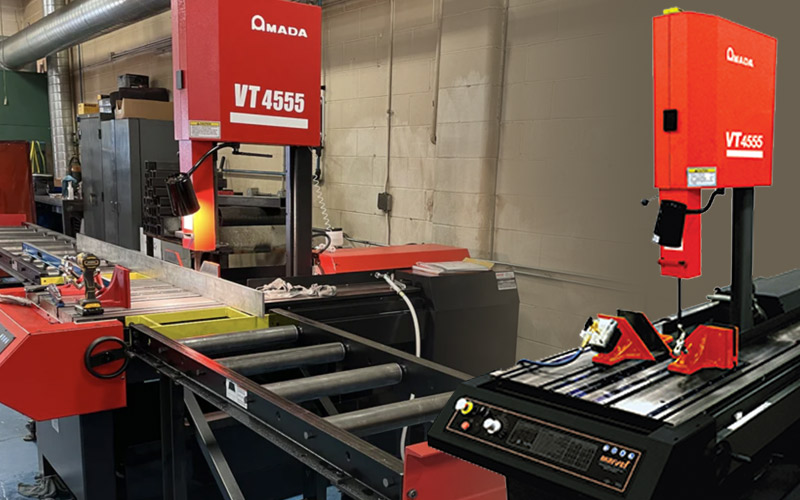 Amada VT Series tilt-frame band saws operating in a manufacturing facility