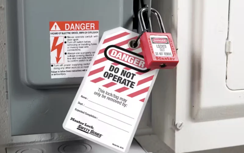 LOTO tag and lock ensuring workplace electrical safety compliance