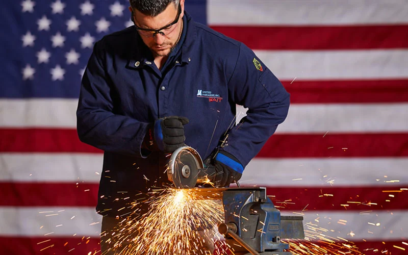 Metal cutting operation performed with an angle grinder and cutting wheel