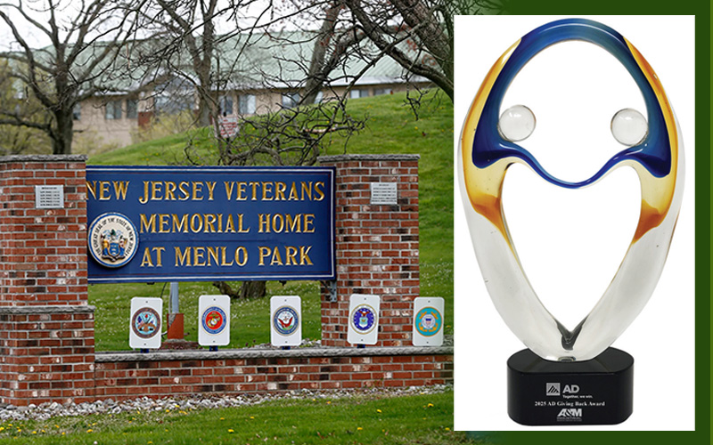 NJ Veterans Memorial Home at menlo Park, with inset of AD Giving Back Award
