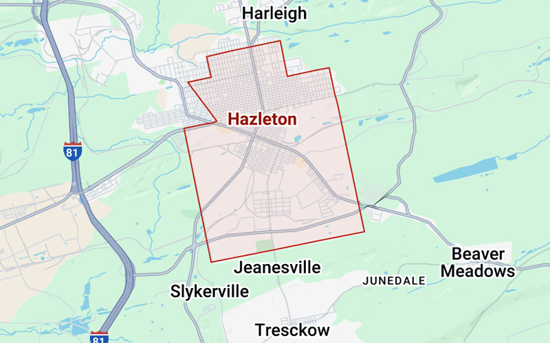 Map of Hazleton, Pennsylvania and surrounding region