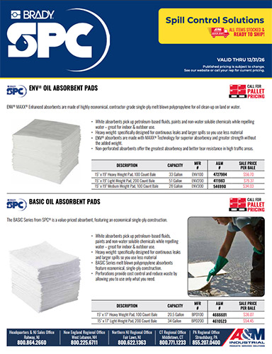 Brady sales flyer featuring label printers, labels, sorbents, LOTO equipment and workplace safety signage