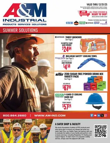 Summer safety sales flyer featuring hydration solutions, fans and more at A&M Industrial