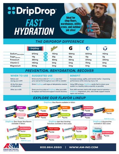 Drip Drop flyer featuring fast hydration solutions at A&M Industrial