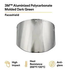 3Mâ„¢ 7000127169 Faceshield Visor, Dark Green, Polycarbonate, 9 in H 8 in W 0.08 in THK Visor, For Use With 3M Headgear Systems, ANSI Z87.1