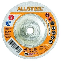 ALLSTEEL™ 08W455 Aggressive Grinding Wheel, 4-1/2 in Dia Wheel x 1/4 in THK Wheel, 5/8-11 in Center Hole