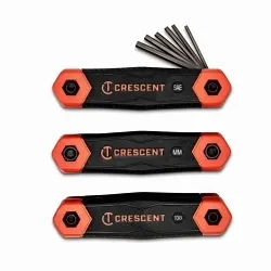 Crescent® Hex and Torx® CHK3PC Folding Standard Length Key Set, 3 Pieces, 5/64 to 1/4 in and 1.5 to 8 mm Hex, T9 to T40 Torx, Hex/Torx® Drive, Comfort Grip Handle, ASME B18.3.2M/B18.3, Alloy Steel, Black
