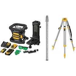DeWALTĀ® DW080LGSK Rotary Laser Kit, 1/16 in at 100 ft Accuracy, 20 V, 150 to 1200 rpm Rotation Speed, 2000 ft Detector Range, 5 deg Self-Leveling, 11 Pieces, For Use With Laser, Green