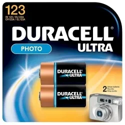 Duracell® DL123AB2PK Cylindrical Battery, Lithium-Manganese Dioxide, 3 V DC Nominal, 1500 mAh Nominal, 123A, 3.2 to 3.3 V DC Charge